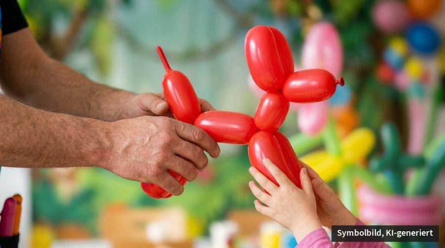Ein roter Luftballonhund wird an Kinderhände übergeben. — Symbolbild, KI-generiert