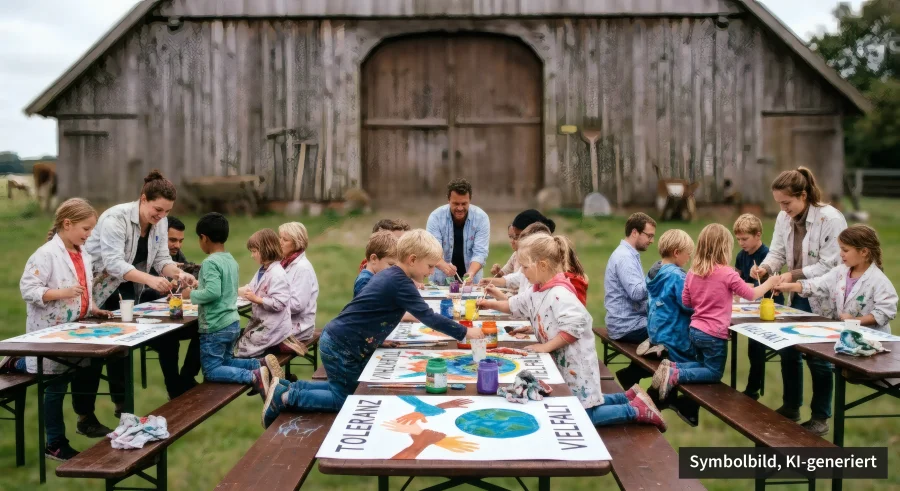 Gruppe von Kindern und Erwachsenen malen Plakate an Biertischen unter freiem Himmel — Symbolbild, KI-generiert