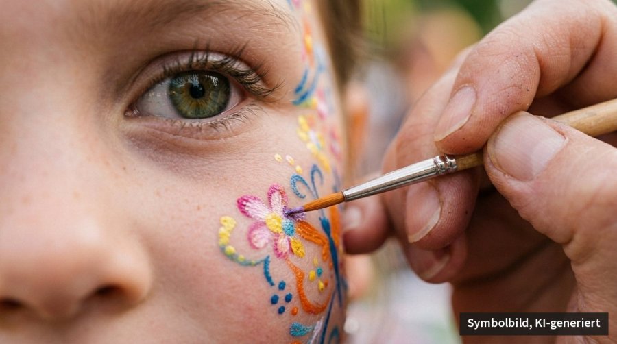 Einem Kind wird eine bunte Blume auf die Wange gemalt. — Symbolbild, KI-generiert