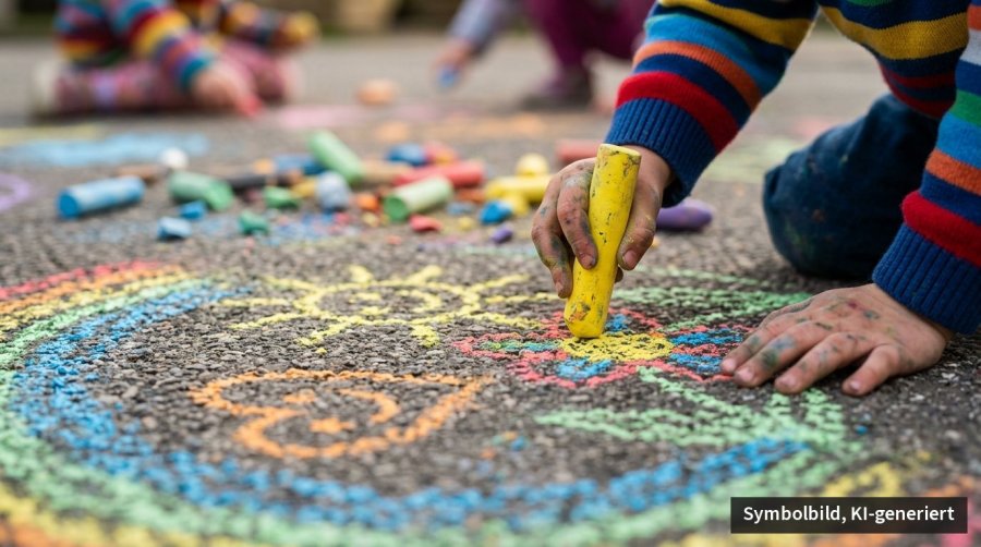 Kinderhände malen mit gelber Kreide ein buntes Muster auf Asphalt. — Symbolbild, KI-generiert
